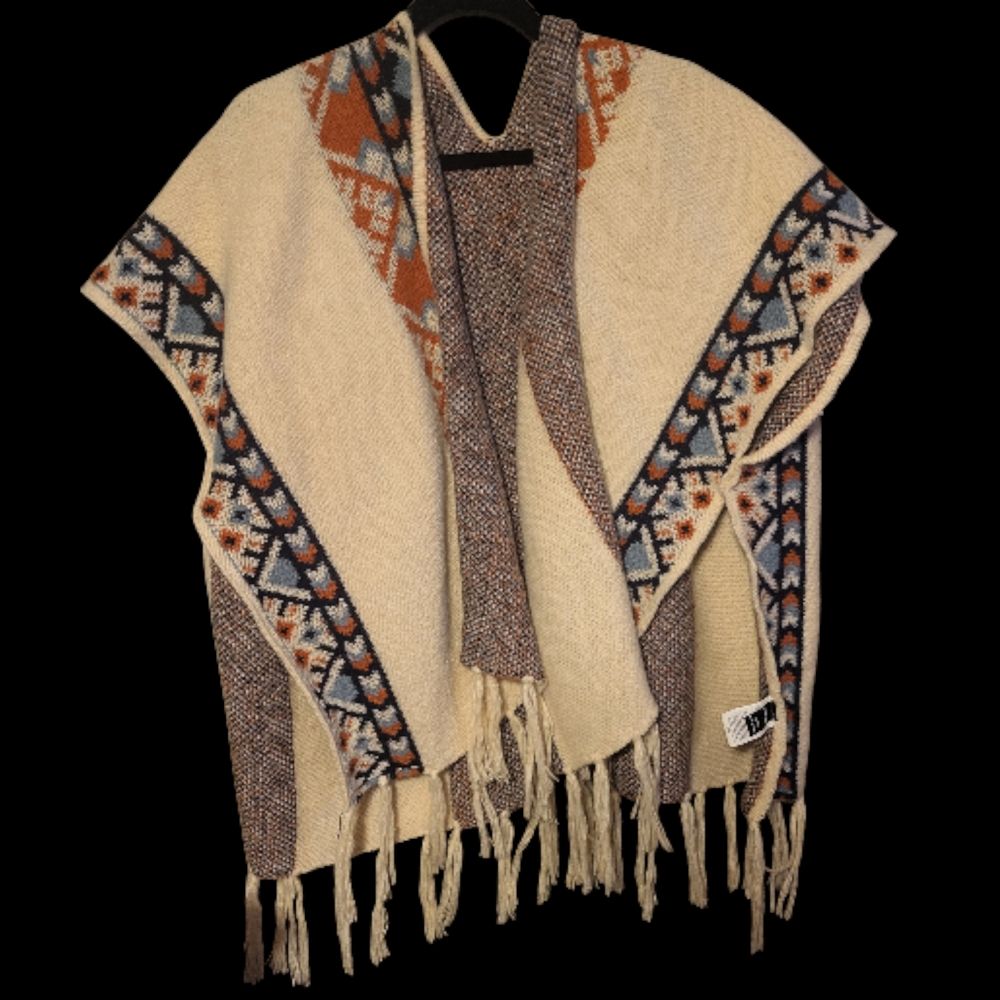 SHEIN Cream and Brown Geometric Poncho